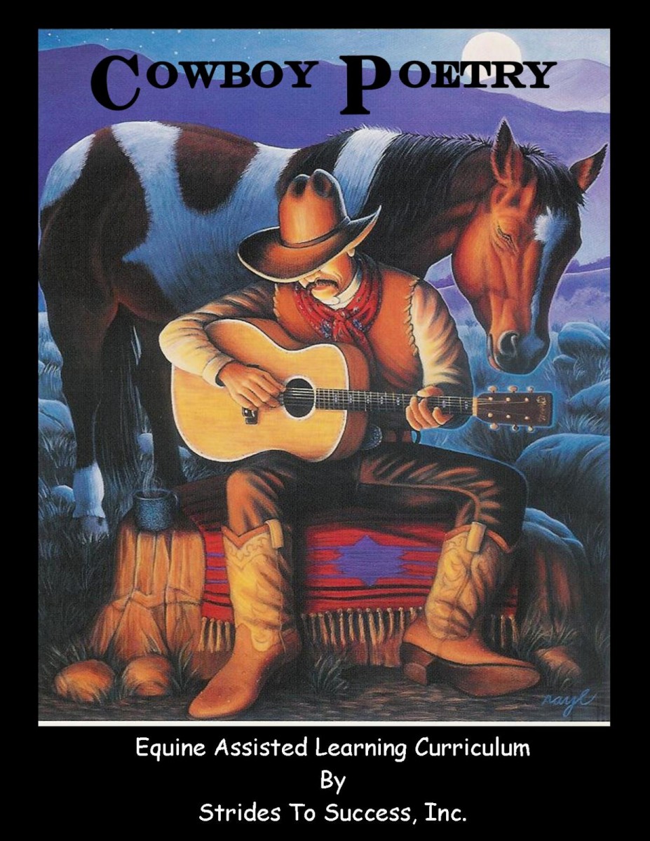 A color pencil drawing of a cowboy sitting beside a fire playing a guitar with a spotted horse behind him.