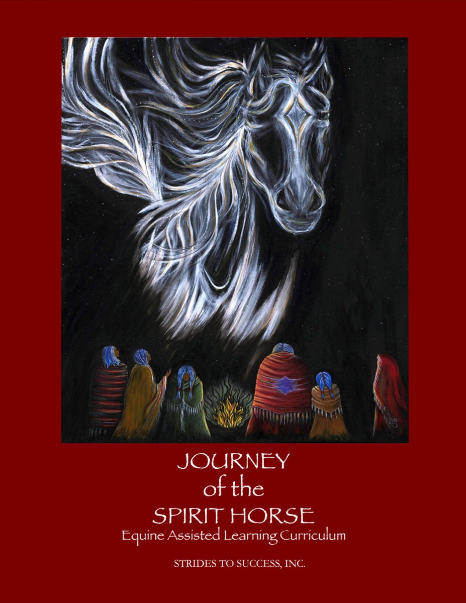 Book cover that has drawing of a spirit-like horse above people wrapped in blankets looking up.