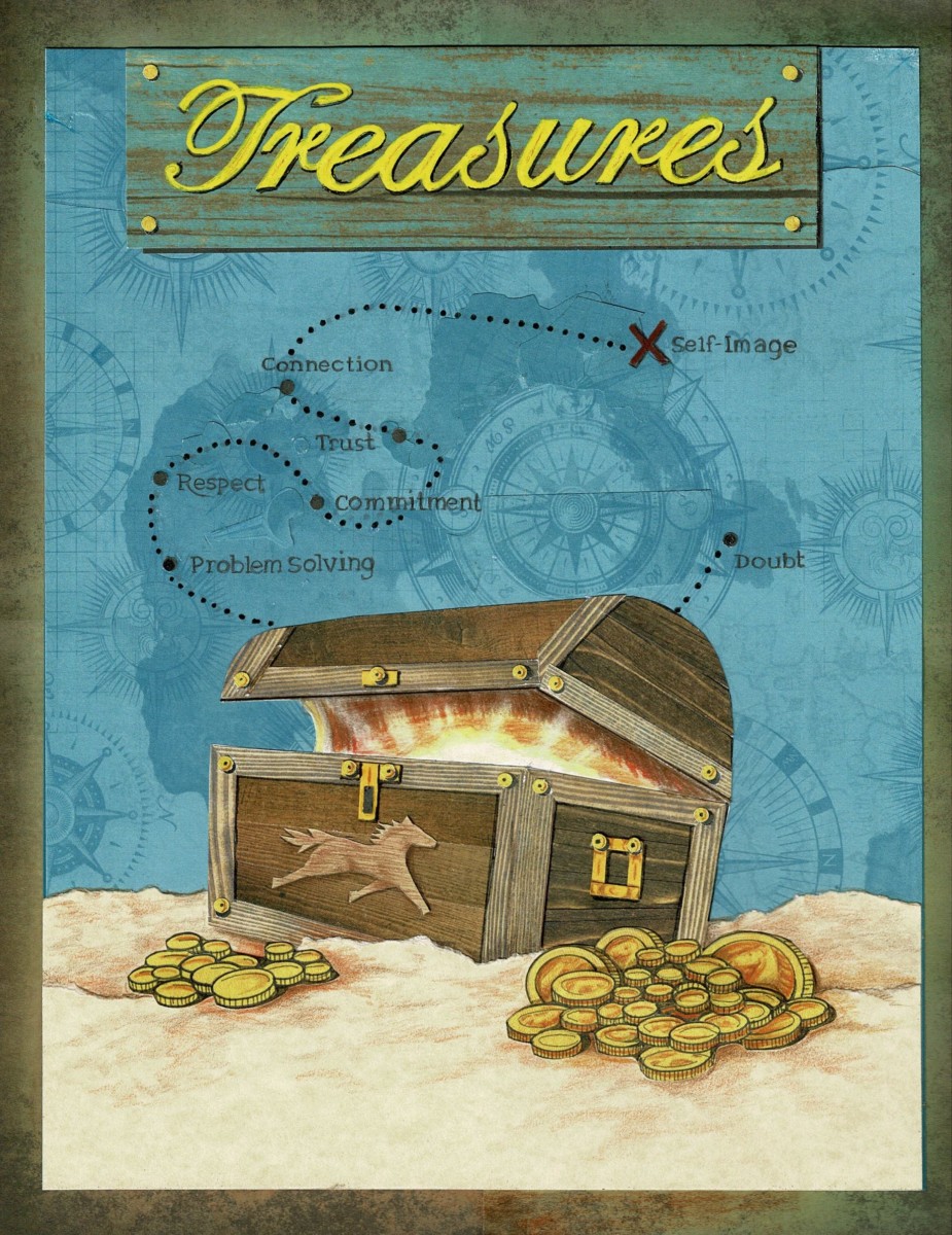 treasure chest with gold in front of it with a nautical background